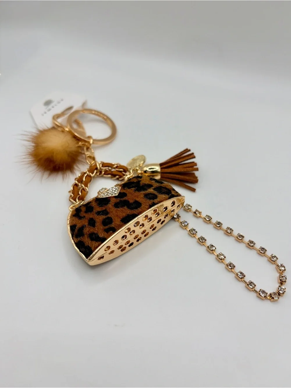 Bougie Leopard Print Purse Keychain with Brown Fur Pom Pom and Tassel